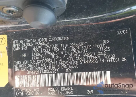 2004 Toyota Highlander Limited V6 z USA, uszkodzony, nr VIN JTEEP21A740037987